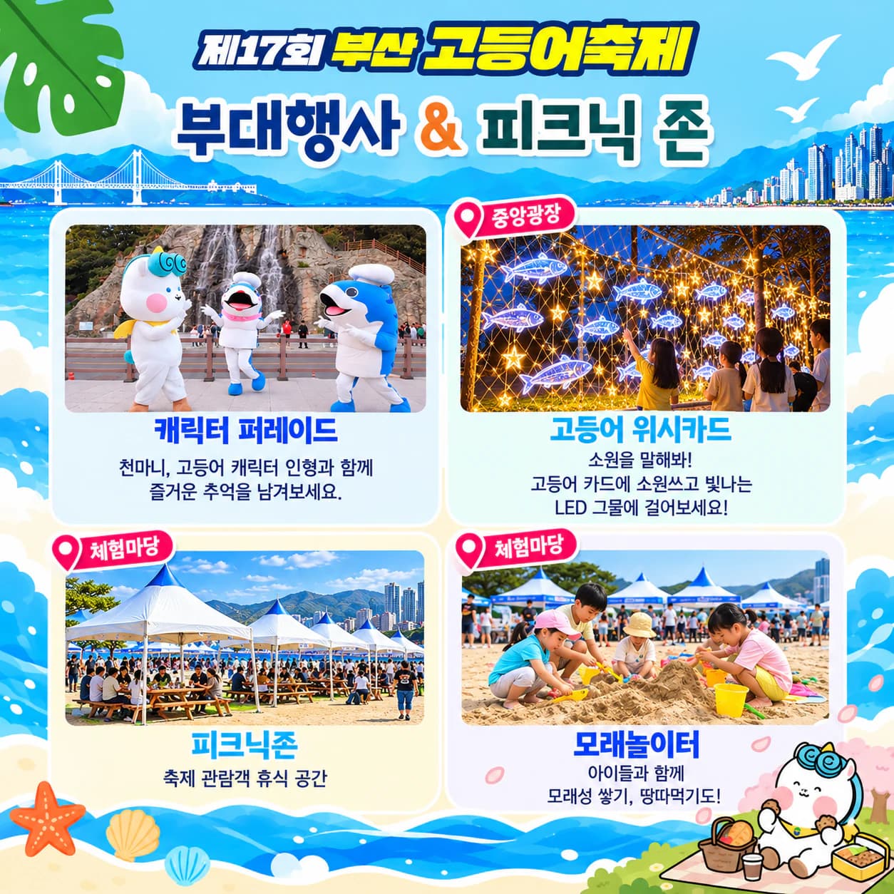 부대행사 & 피크닉 존 — 캐릭터 퍼레이드, 고등어 위시카드(중앙광장), 피크닉존(체험마당), 모래놀이터(체험마당)